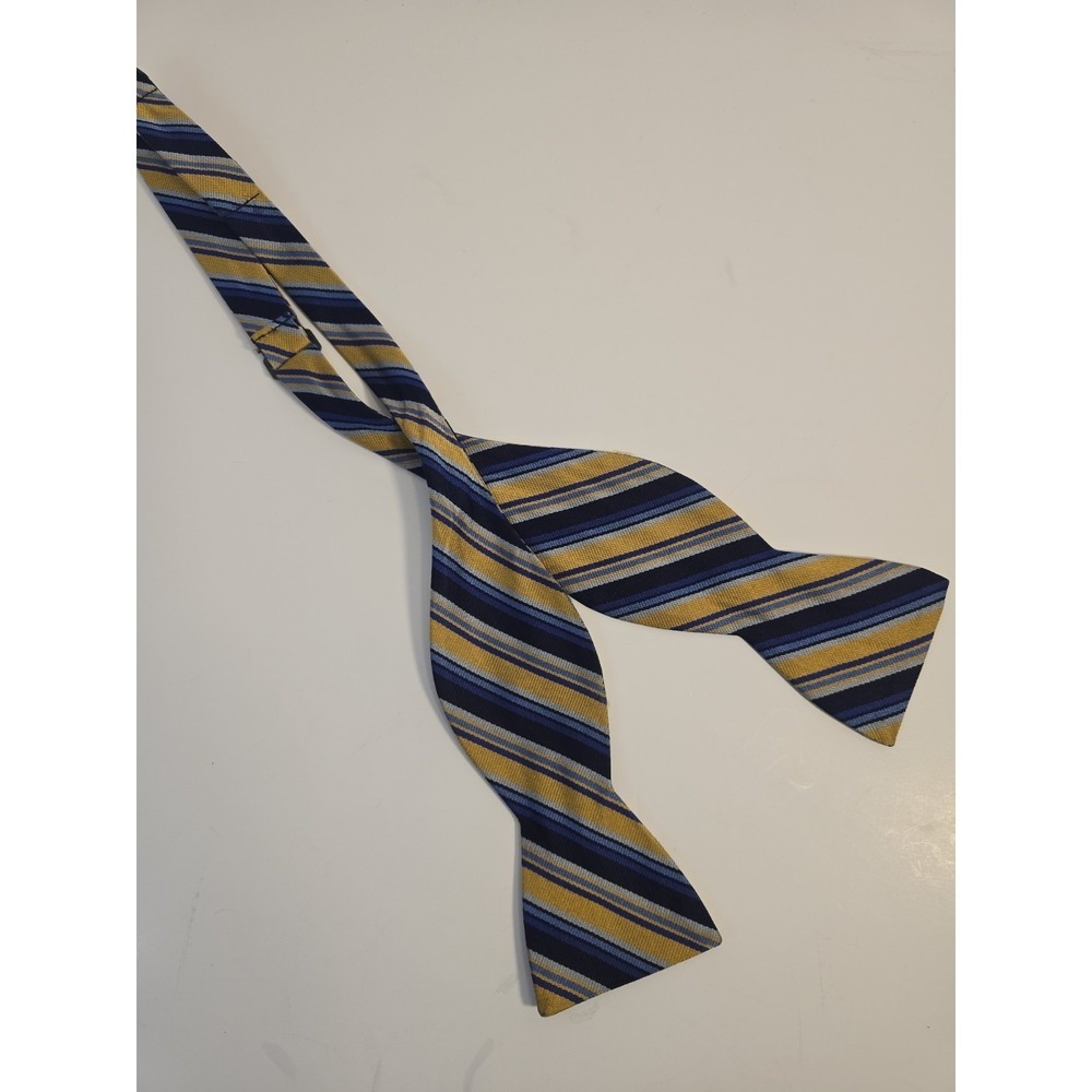 The‎ Tie Bar Mens 100% Silk Bow Tie Navy Yellow Light Blue Stripe Handmade USA